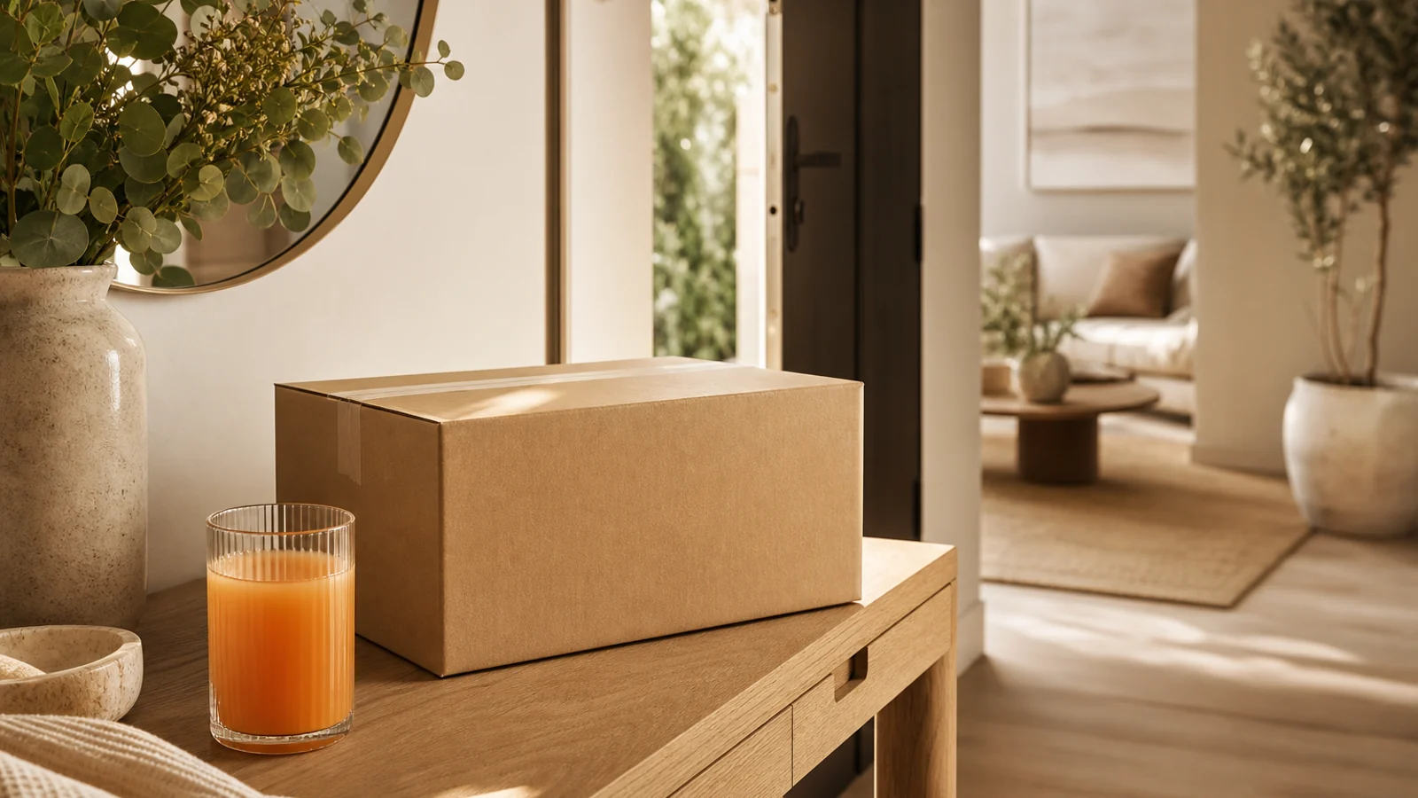 IM8 Deutschland Versand mit neutralem Paket und orangefarbenem Drink