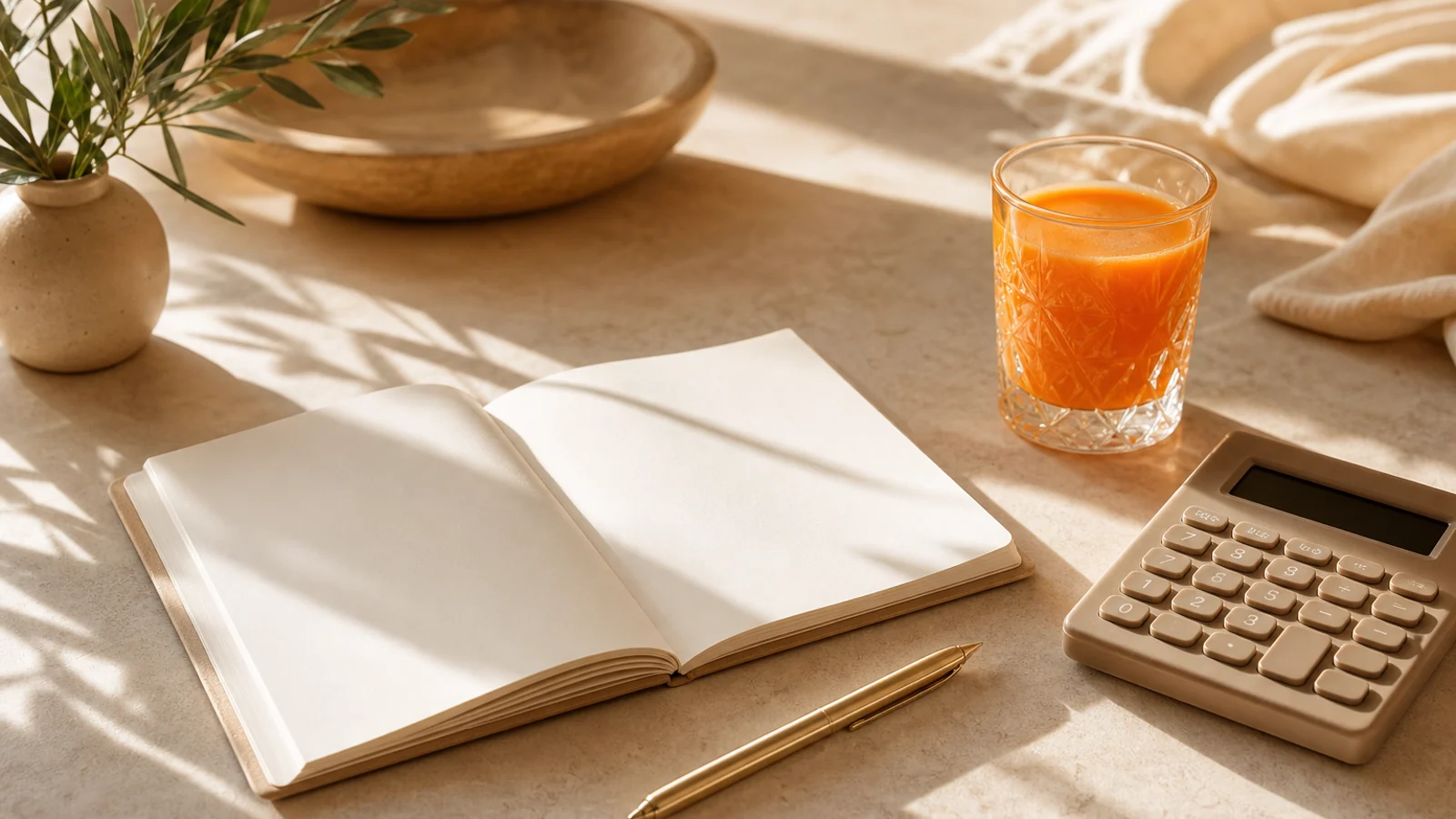 IM8 Preis Checkliste mit leerem Notizbuch und orangefarbenem Drink