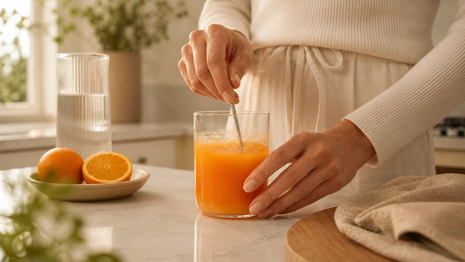IM8 Test: orangefarbener Drink wird in einer hellen Küche gemischt