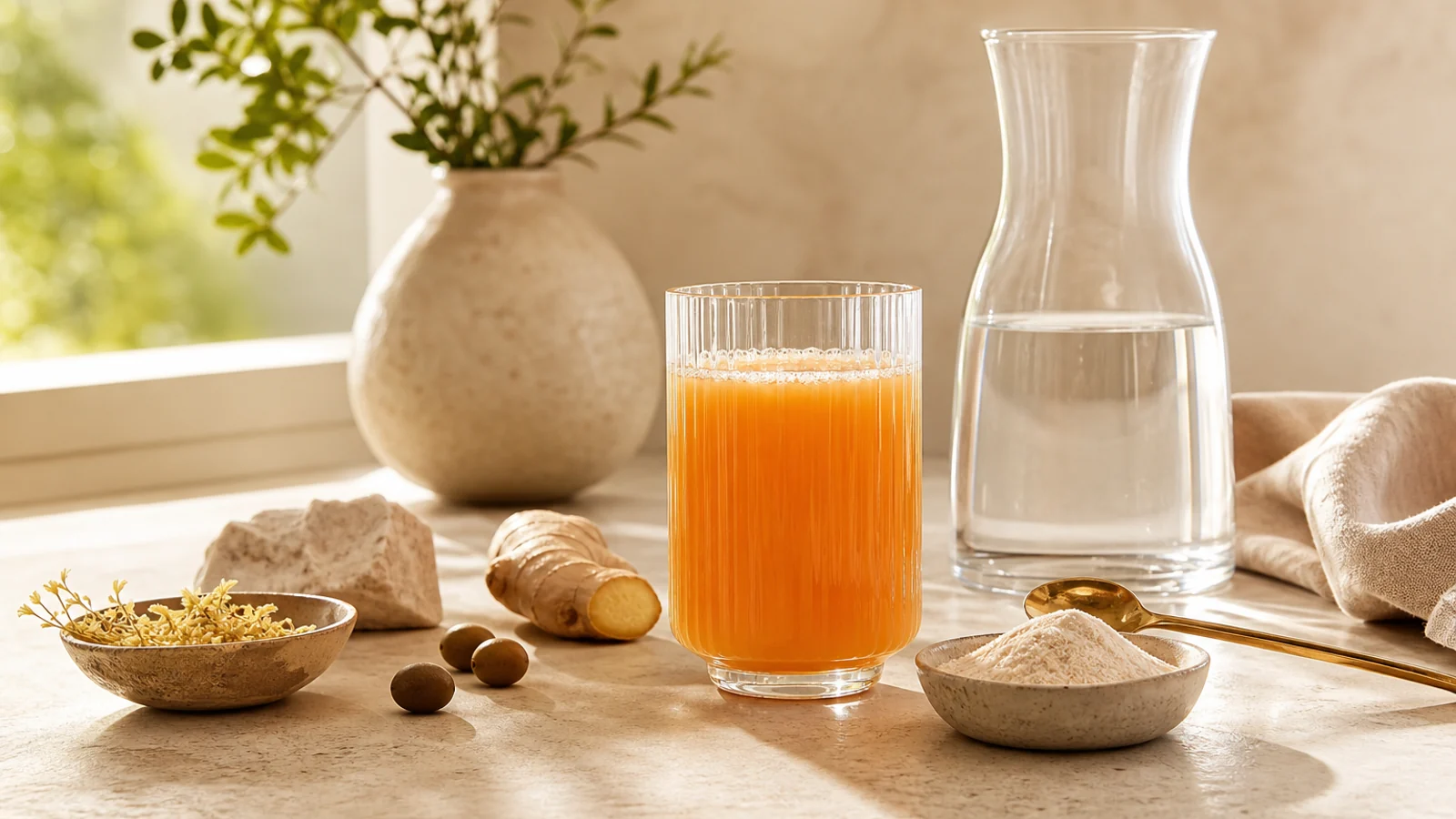 IM8 Test Urteil mit orangefarbenem Drink und natürlichen Zutaten
